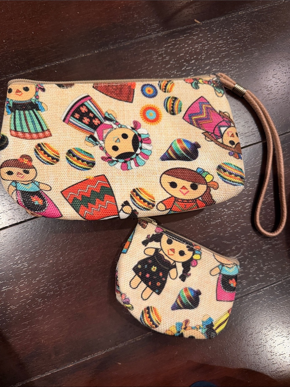 Kids Beige Doll Print Wristlet Pouch Set